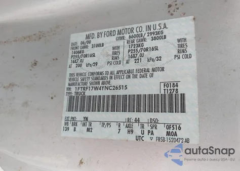 2000 Ford F150 Work Series/Xl/Xlt from USA, damaged, VIN 1FTRF17W4YNC26515